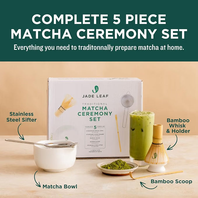 Jade Leaf Matcha - Kit de démarrage traditionnel - Coffret cadeau Matcha japonais comprenant : fouet en bambou (Chasen), cuillère (Chashaku), tamis en acier inoxydable, manuel entièrement imprimé