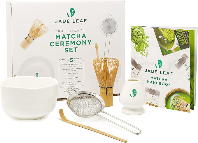 Jade Leaf Matcha - Kit de démarrage traditionnel - Coffret cadeau Matcha japonais comprenant : fouet en bambou (Chasen), cuillère (Chashaku), tamis en acier inoxydable, manuel entièrement imprimé